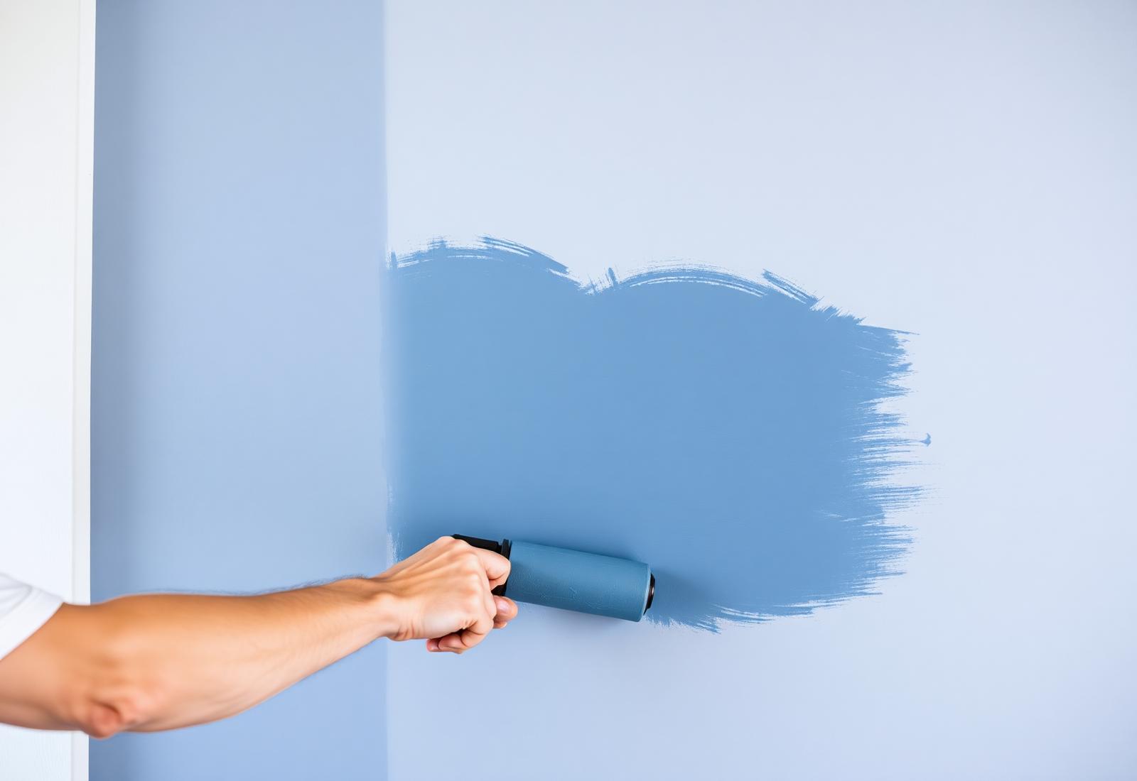 Painter rolling fresh blue paint onto a smooth interior wall